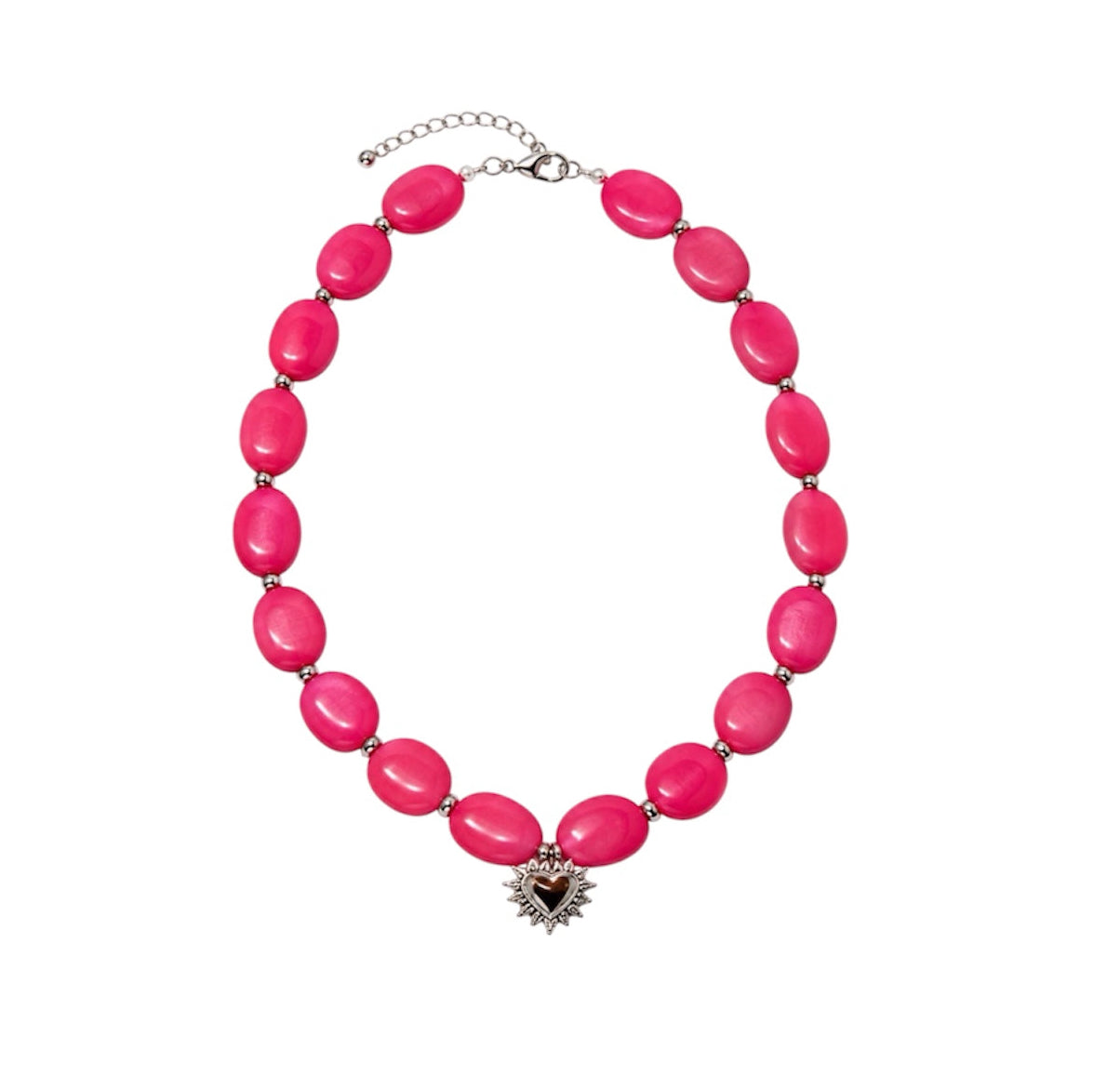 A pink beaded necklace with oval-shaped pink beads and a small silver sunburst heart charm at the center, displayed on a clean white background.